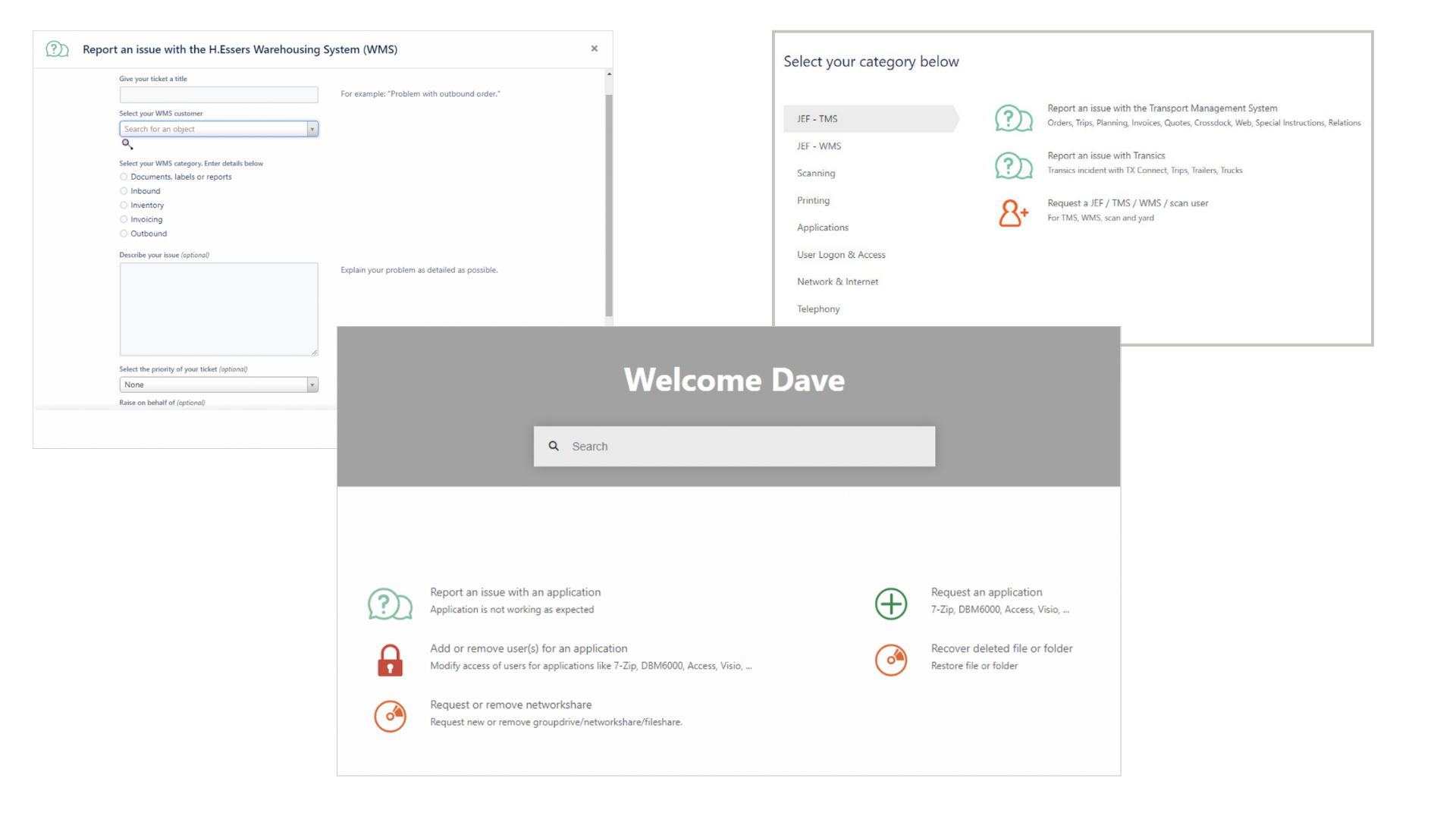 Visuals of the ITSM service desk for essers